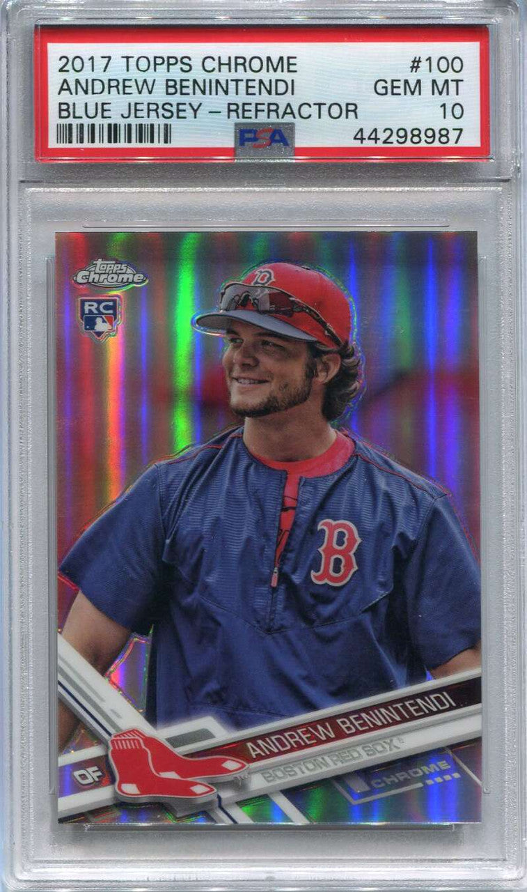 SOLD 111691 2017 Topps Chrome 100b Andrew Benintendi Blue Jersey Refractor Rookie PSA 10 GEM