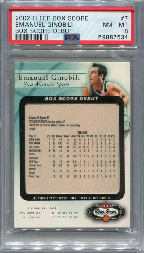 2002 Fleer Box Score Debuts 7 Manu Ginobili Rookie 1298/2002 PSA 8 NM-MT