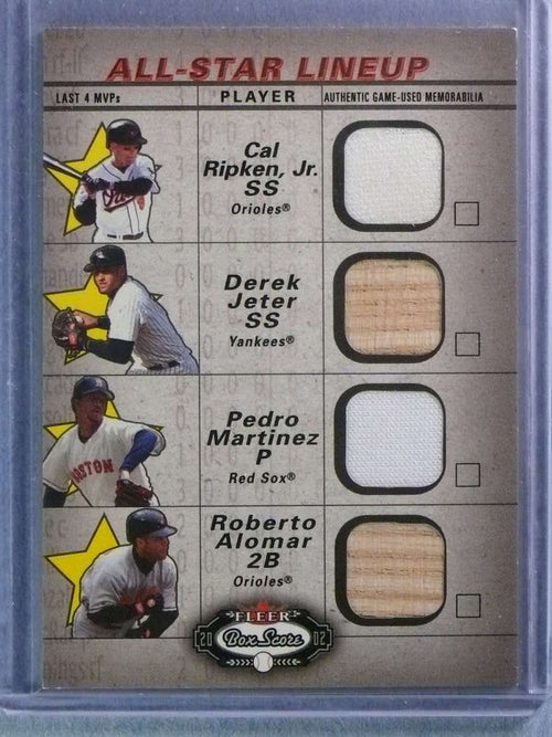 2002 Fleer Box Score All-Star Lineup Cal Ripken Derek Jeter Pedro Bat Jersey