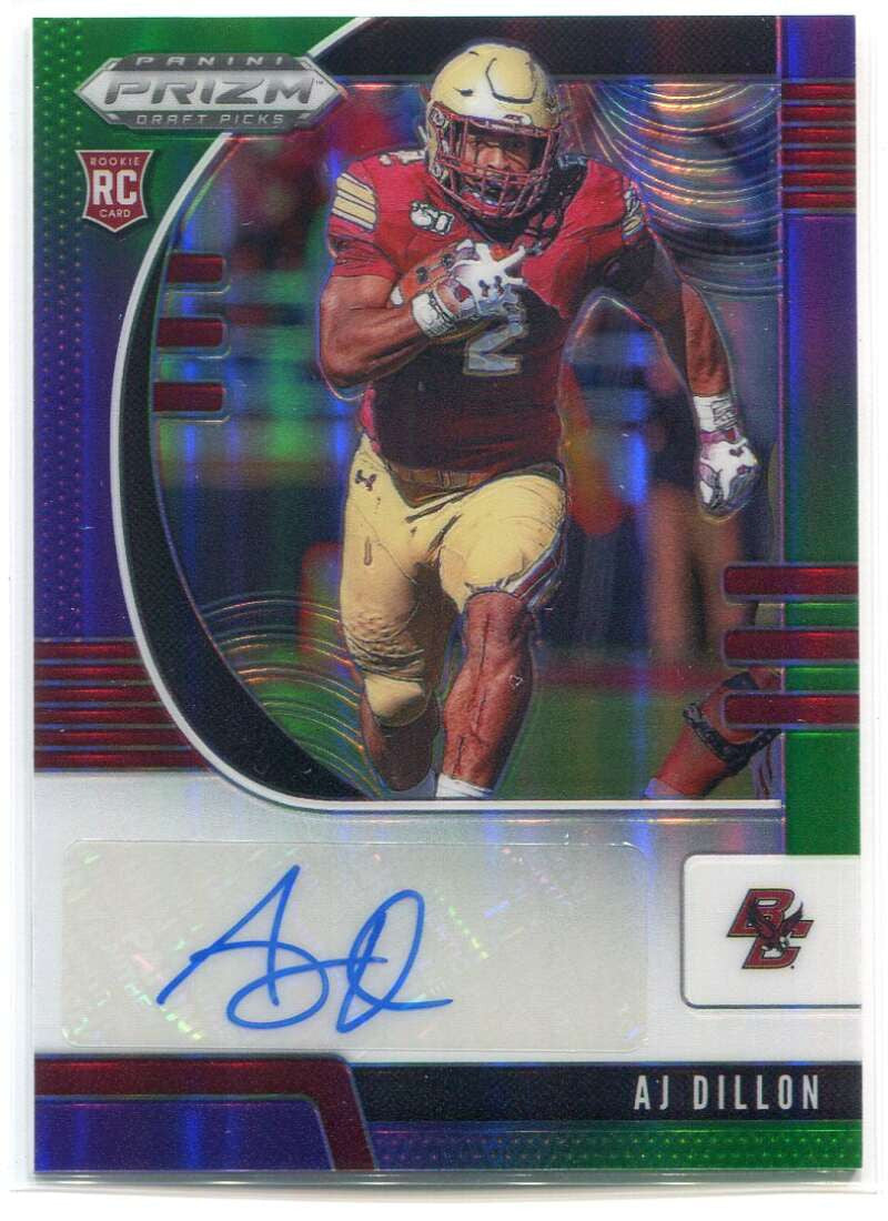 2020 Panini Prizm Draft Autograph Purple &amp; Green A J Dillon Rookie Auto 131/149