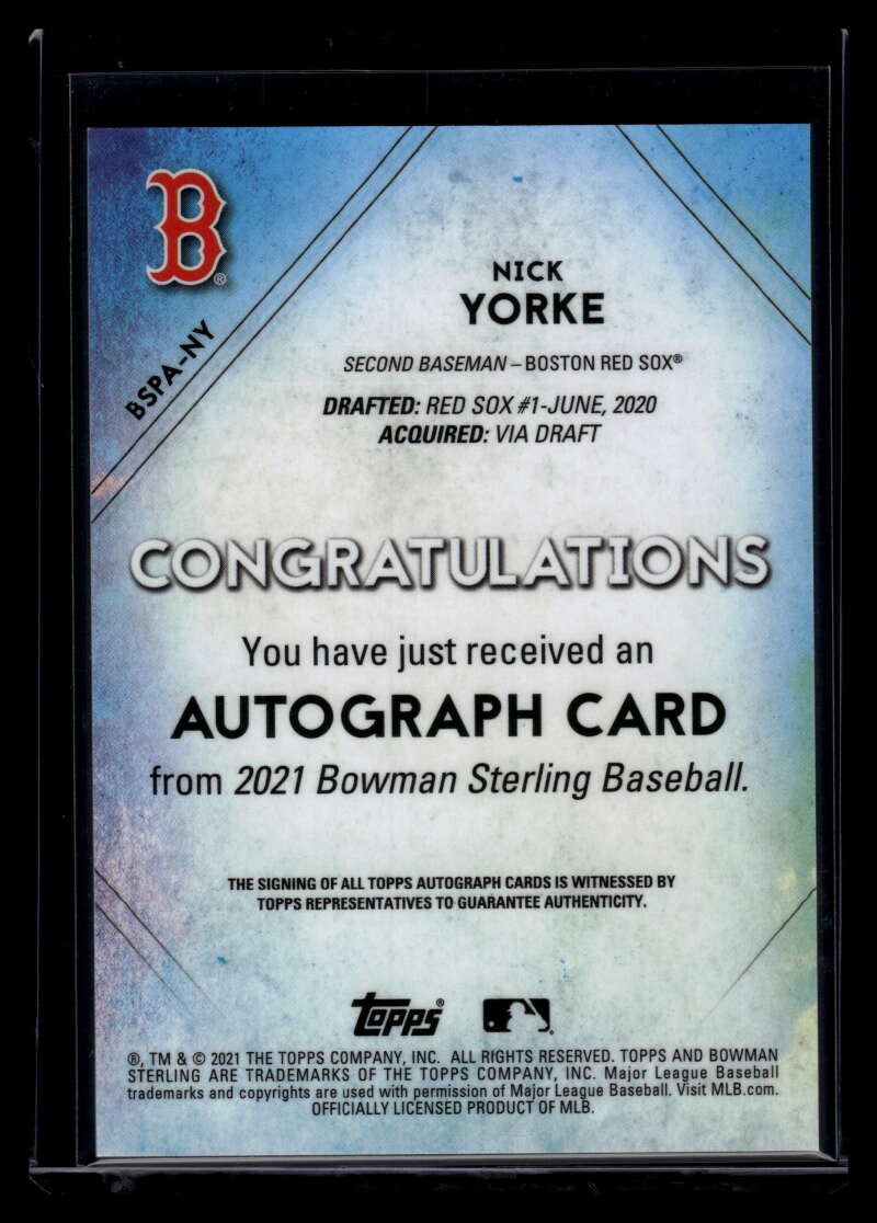 DELETE 120729 2021 Bowman Sterling Prospect Autographs BSPANY Nick Yorke Rookie Auto