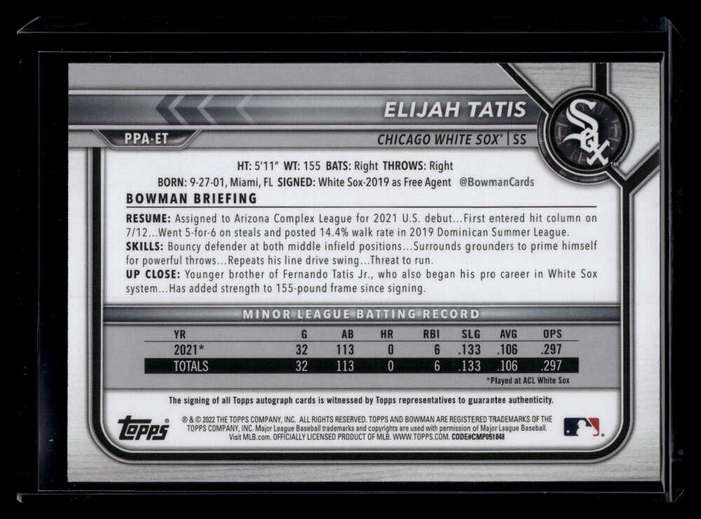 DELETE 120736 2022 Bowman Prospect Autographs PPAET Elijah Tatis Rookie Auto