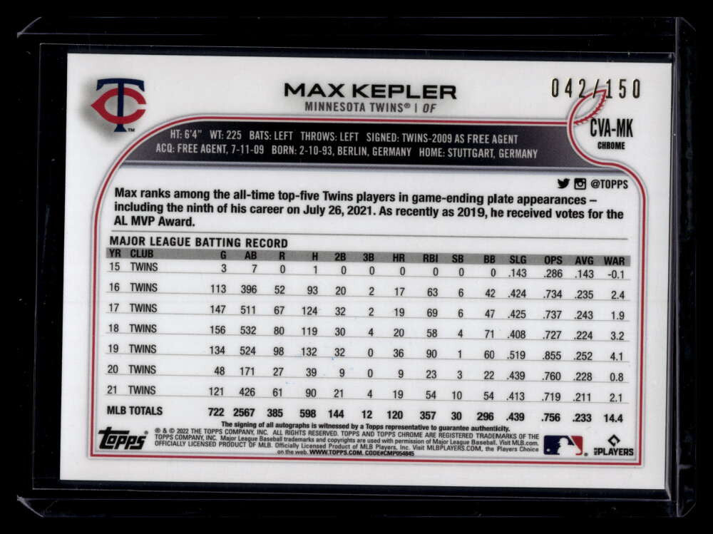 2022 Topps Chrome Blue RayWave Refractor CVAMK Max Kepler Auto 42/150