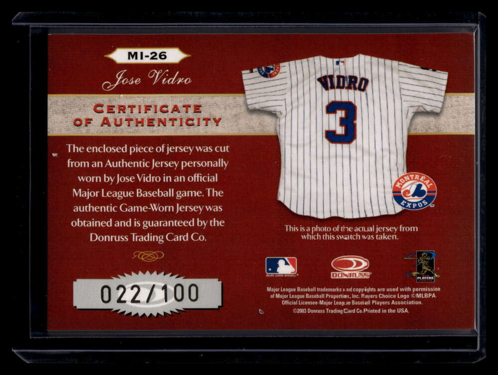 2003 Timeless Treasures Material Ink 26 Jose Vidro Jersey Auto 22/100