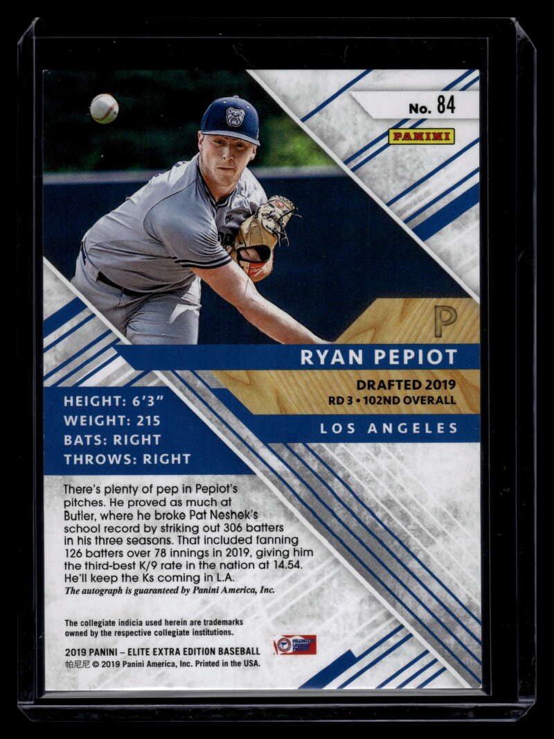 DELETE 120799 2019 Elite Extra Autographs Aspirations Purple 84 Ryan Pepiot Rookie Auto 66/100