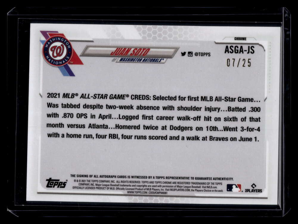 2021 Topps Chrome Update '21 All Star Game Orange Refractor Juan Soto Auto 7/25