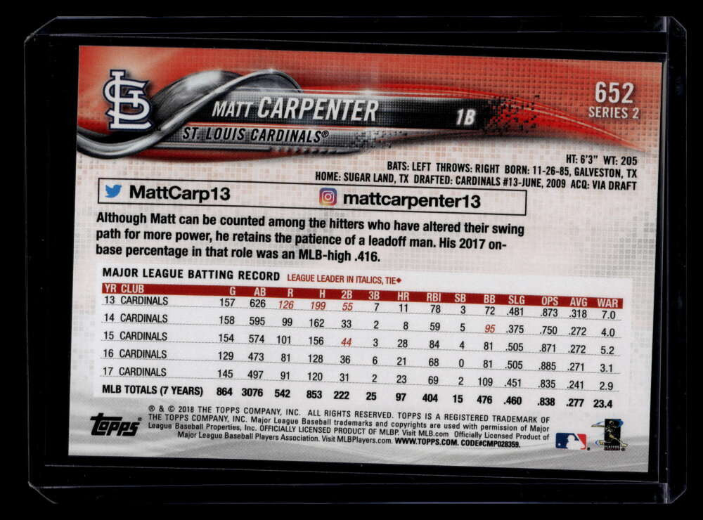 SOLD 120891 2018 Topps Factory Set Foilboard 652 Matt Carpenter 24/190