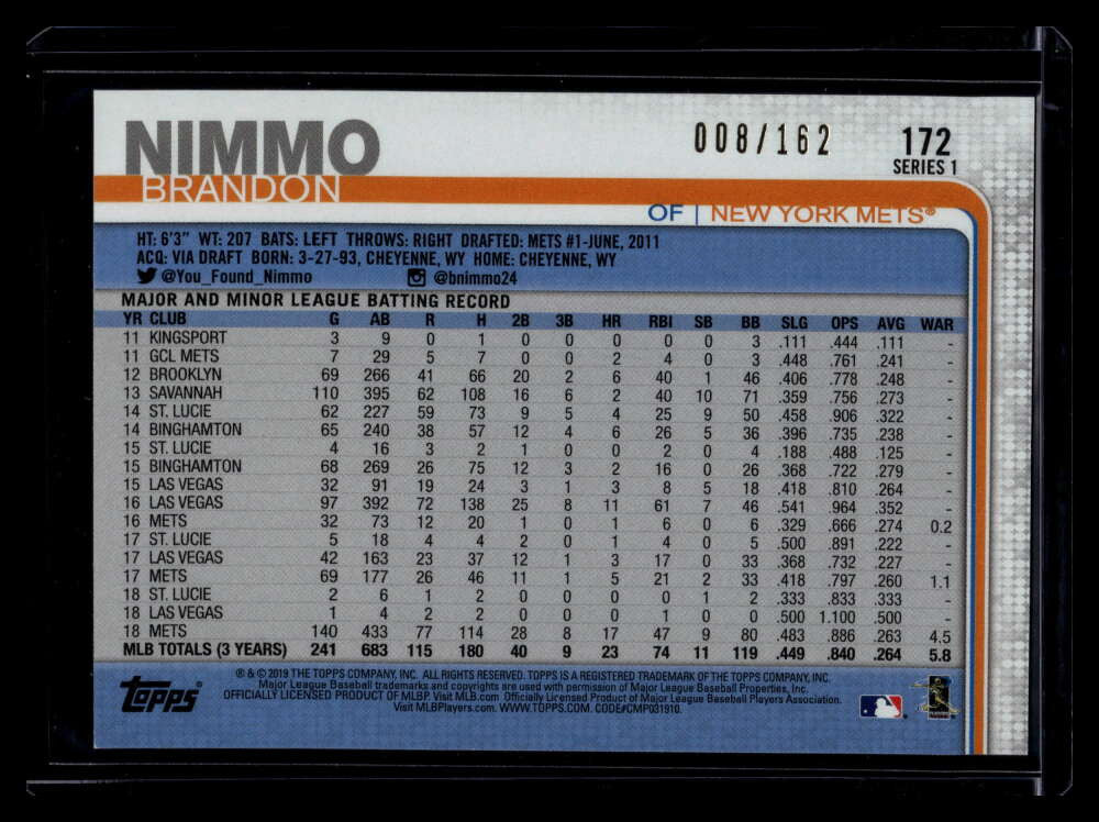 2019 Topps Factory Set Sparkle Foil 172 Brandon Nimmo 8/162