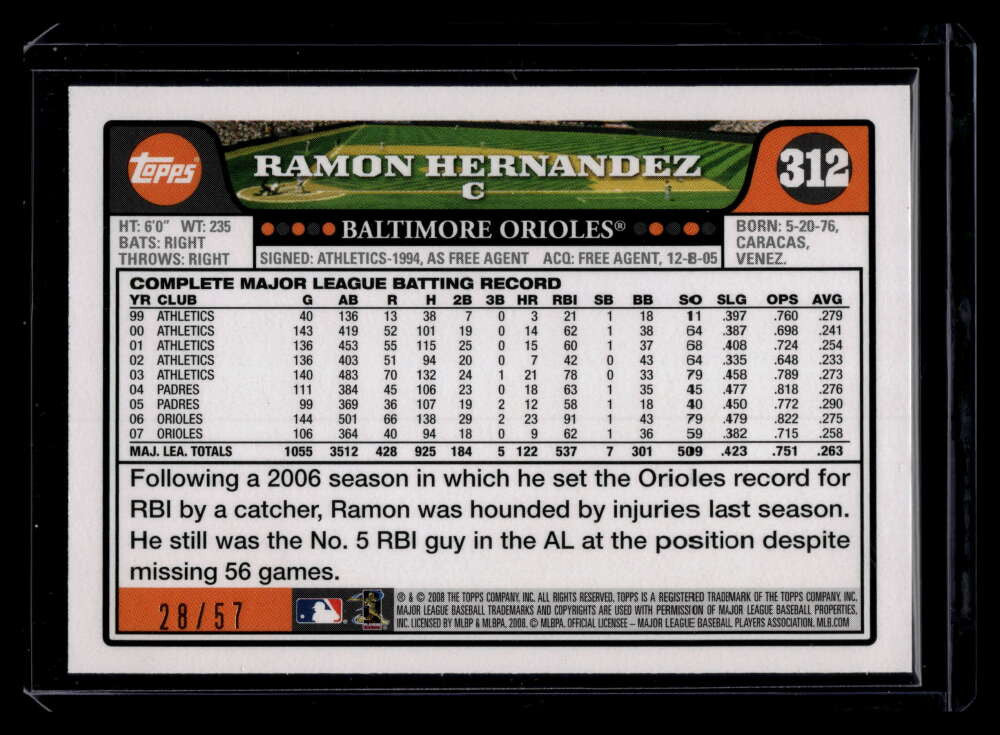 2008 Topps Black 312 Ramon Hernandez 28/57
