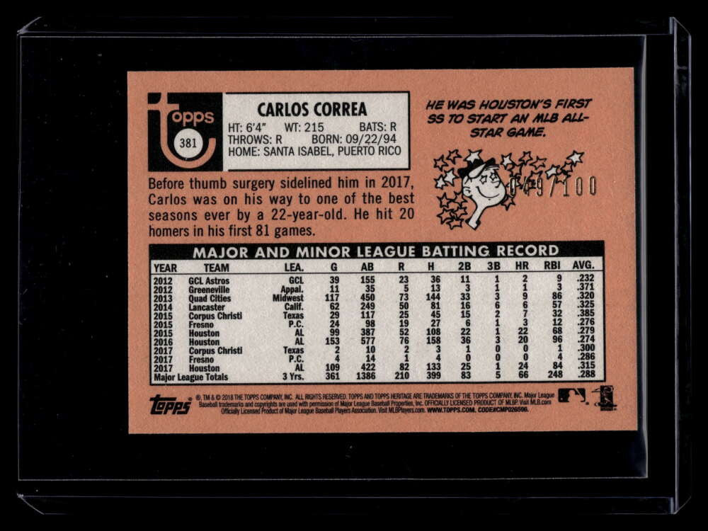 2018 Topps Heritage Mini 381 Carlos Correa 49/100