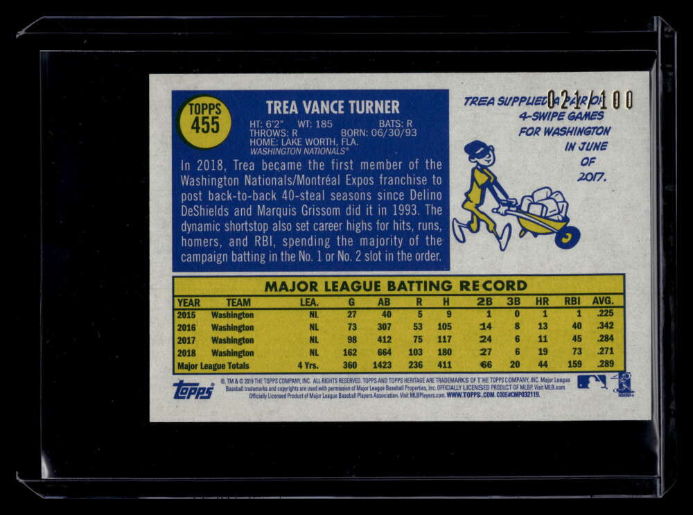 2019 Topps Heritage Mini 455 Trea Turner 21/100