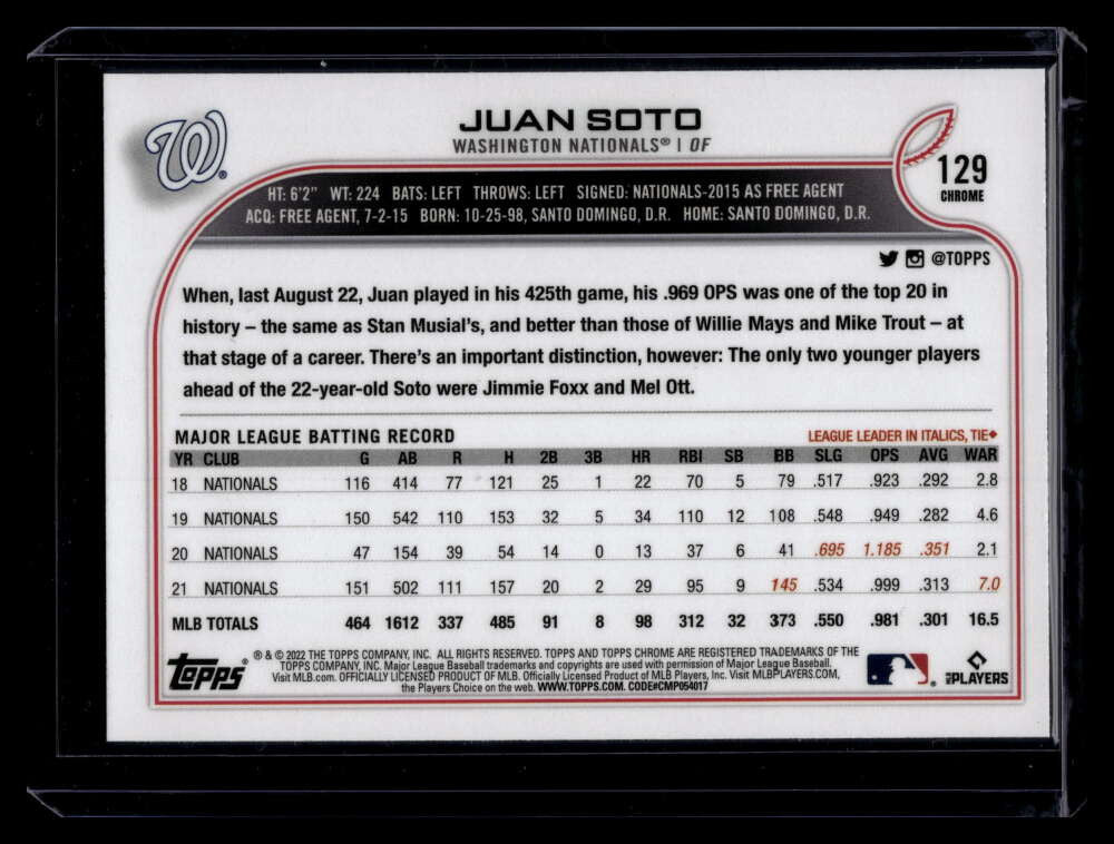 2022 Topps Chrome Photo Variations Refractor 129 Juan Soto SP