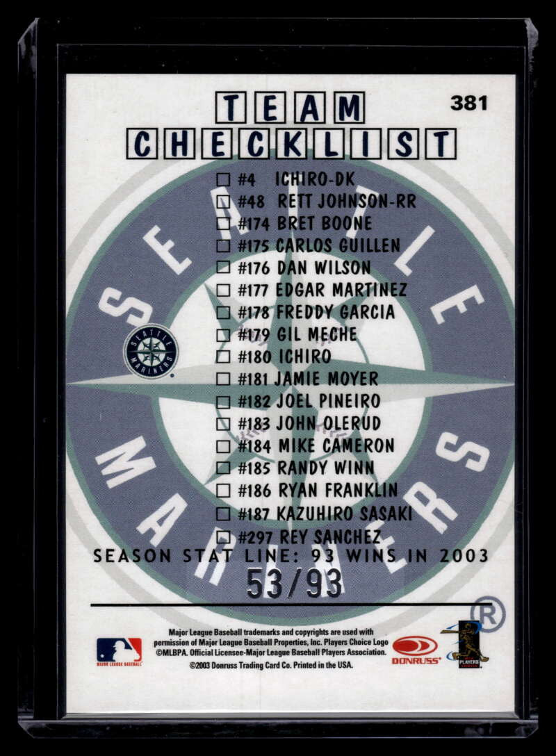 2004 Donruss Stat Line Season 381 Ichiro TC 53/93 Team Checklist
