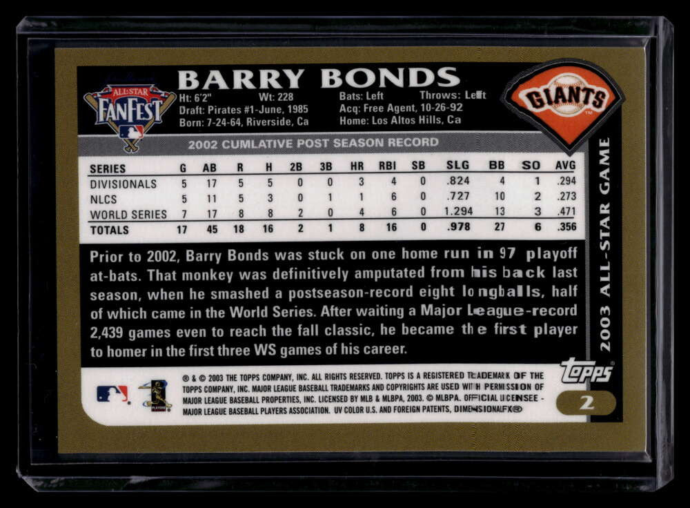 SOLD 121182 2003 Fanfest All-Star 2 Barry Bonds Topps 2002 NLCS Game Used Base