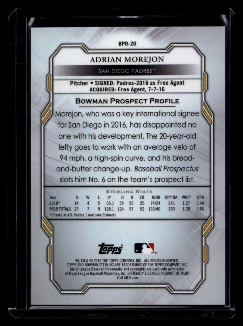 2019 Bowman Sterling Prospects Blue Refractor bpr20 Adrian Morejon Rookie 7/25