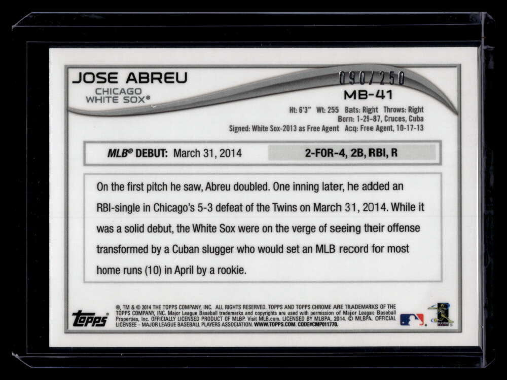 2014 Topps Chrome Update Gold Refractor mb41 Jose Abreu Rookie 90/250