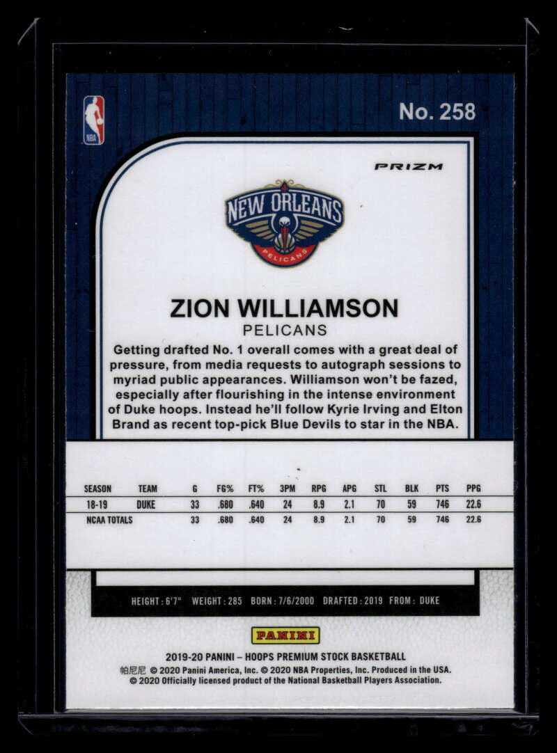 DELETE 121422 2019-20 Hoops Premium Stock Prizms Silver Refractor 258 Zion Williamson Rookie