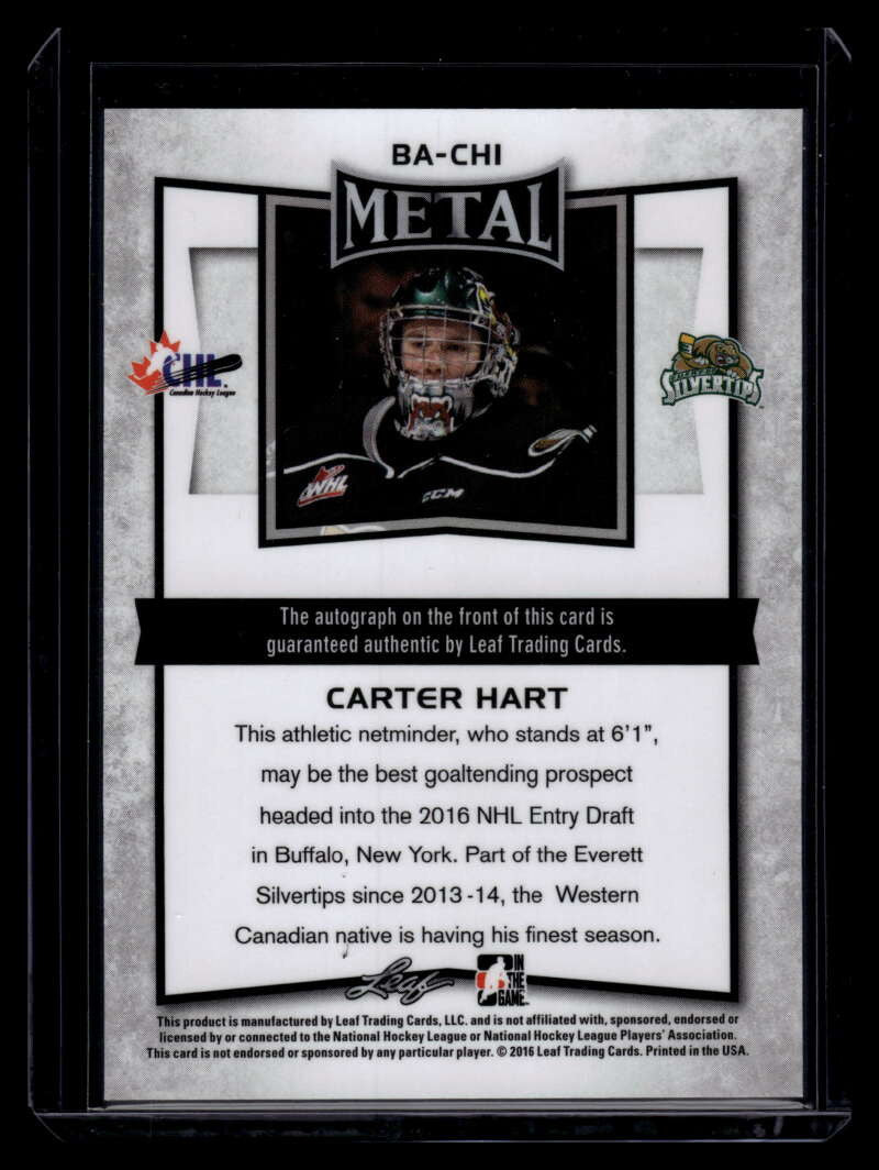 DELETE 121677 2015-16 Leaf Metal bach1 Carter Hart Rookie Auto