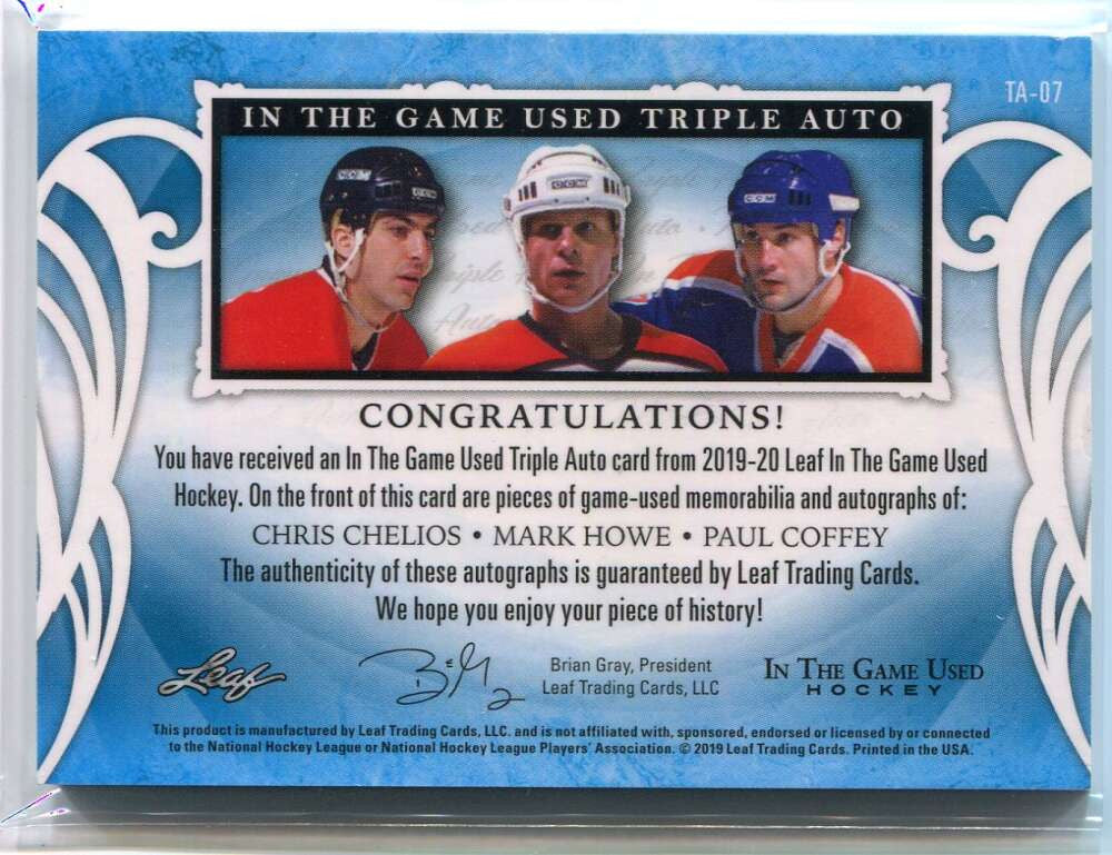 2019-20 ITG Used Autographs Green Coffey Mark Howe Chelios Triple Patch Auto 1/1