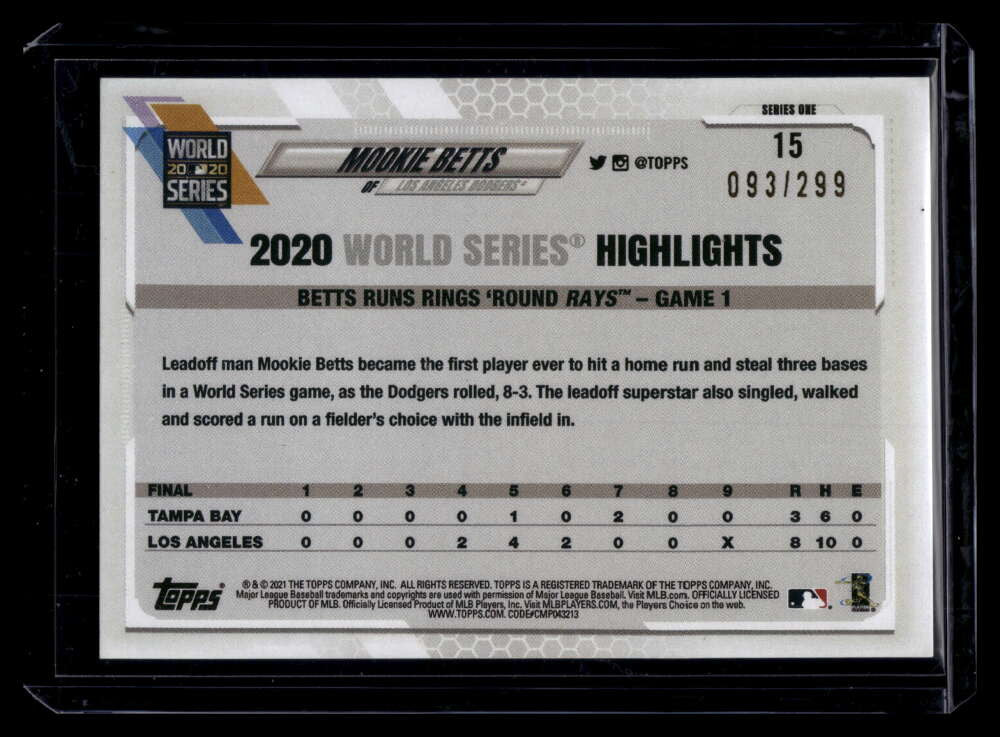 2021 Topps Orange Foil 15 Mookie Betts WSH 93/299 World Series Highlights