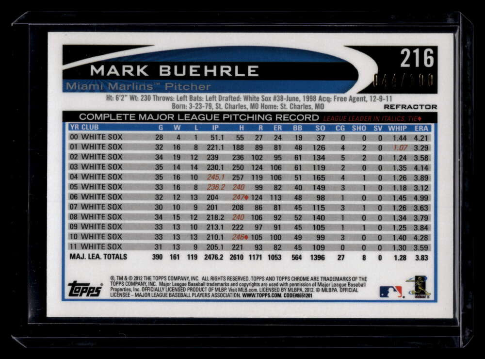 SOLD 122064 2012 Topps Chrome Black Refractor 216 Mark Buehrle 44/100