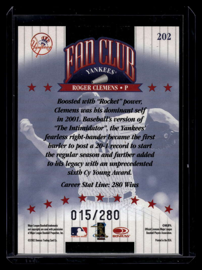 2002 Donruss Stat Line Career 202 Roger Clemens FC 15/280 Fan Club