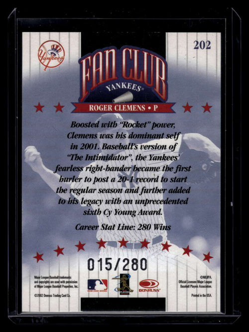 2002 Donruss Stat Line Career 202 Roger Clemens FC 15/280 Fan Club