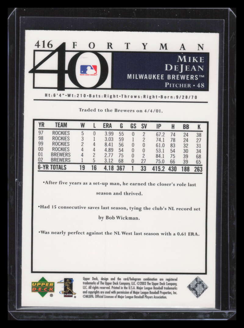 2003 Upper Deck 40-Man Rainbow 416 Mike DeJean 30/40