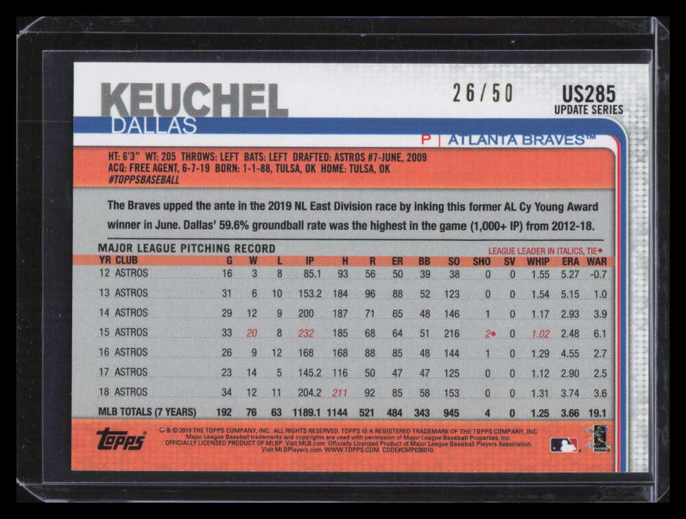 2019 Topps Update Father's Day Blue us285 Dallas Keuchel 26/50