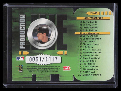 2002 Donruss Production Line Die Cuts 45 Luis Gonzalez OPS 61/100