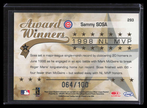 2002 Leaf Rookies &amp; Stars Longevity 293 Sammy Sosa 98 MVP 64/100