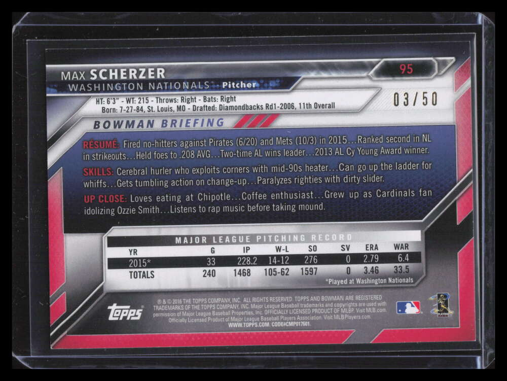 2016 Bowman Gold 95 Max Scherzer 3/50