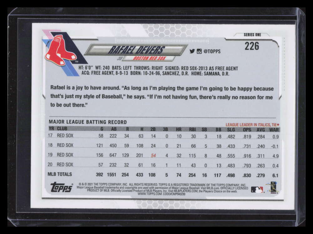 2021 Topps Base Set Photo Variations 226 Rafael Devers Blue Shirt SP