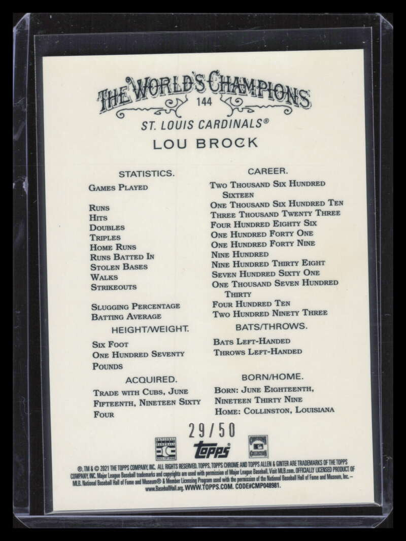 2021 Topps Allen &amp; Ginter Chrome Gold Refractor 144 Lou Brock 29/50