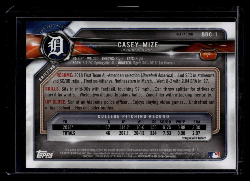2018 Bowman Chrome Draft Refractor bdc1 Casey Mize Rookie