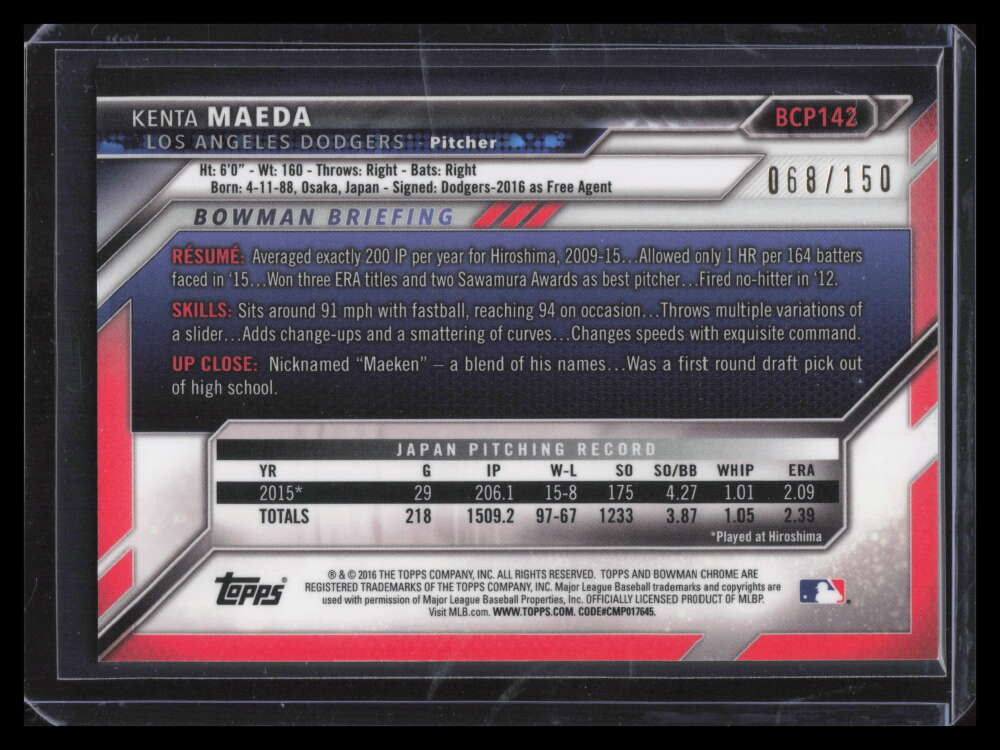 2016 Bowman Chrome Prospects Blue Refractor bcp142 Kenta Maeda Rookie 68/150