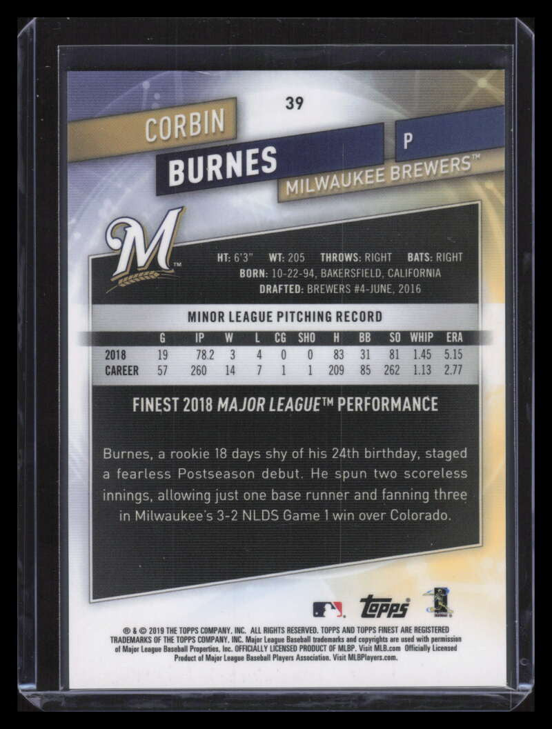 2019 Finest Purple Refractor 39 Corbin Burnes Rookie 89/250