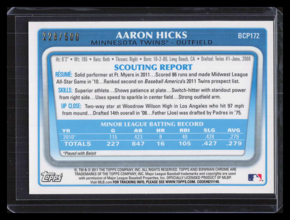 2011 Bowman Chrome Autographs Refractor bcp112 Aaron Hicks Rookie Auto 228/500