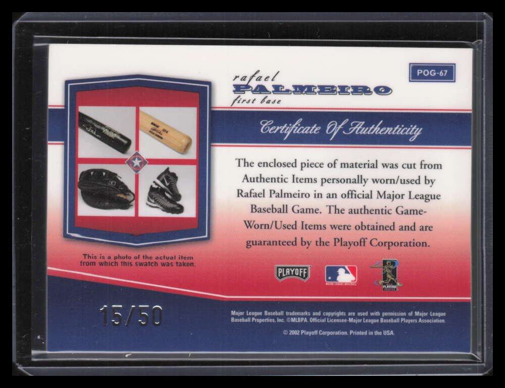 2002 Playoff Piece of Game Materials 67c Rafael Palmeiro Fielding Glove 15/50