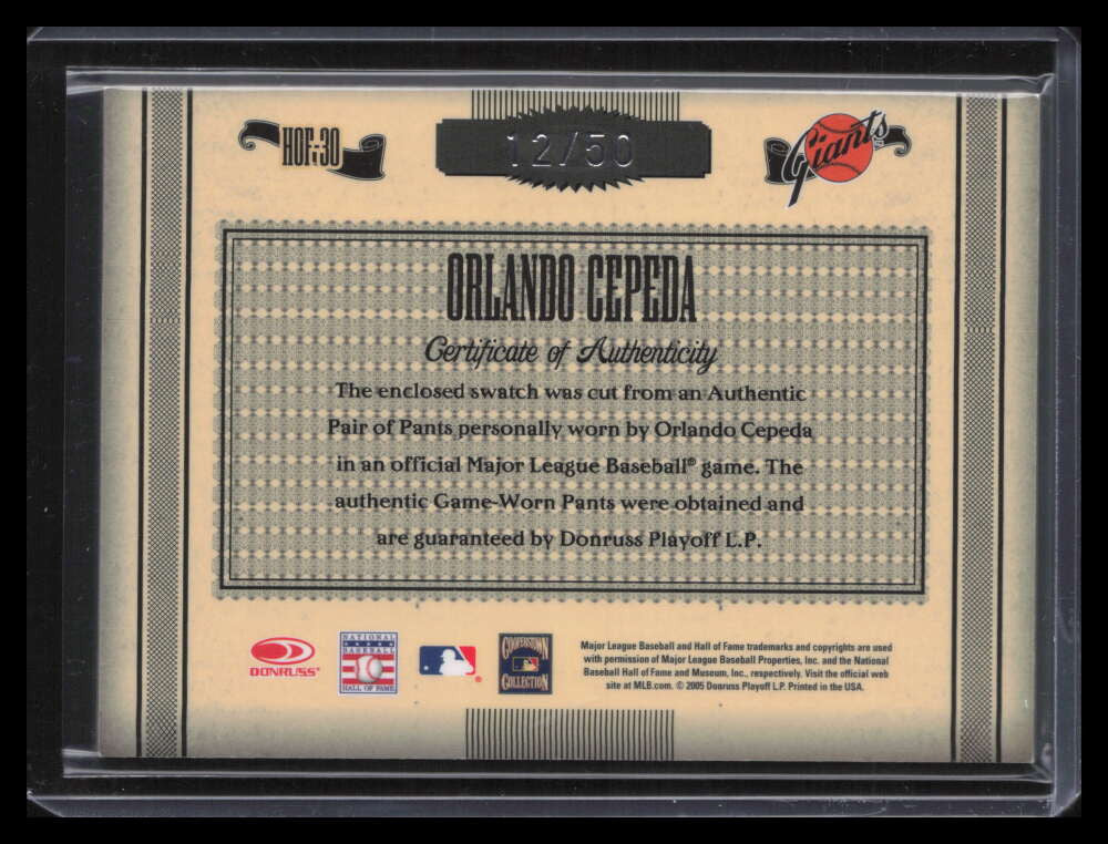 2005 Timeless Treasures HOF Materials Pants 30 Orlando Cepeda Jersey Pants 12/50