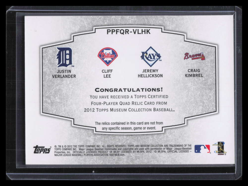 2012 Topps Museum Primary Pieces Cliff Lee Kimbrel Verlander Quad Jersey 19/99