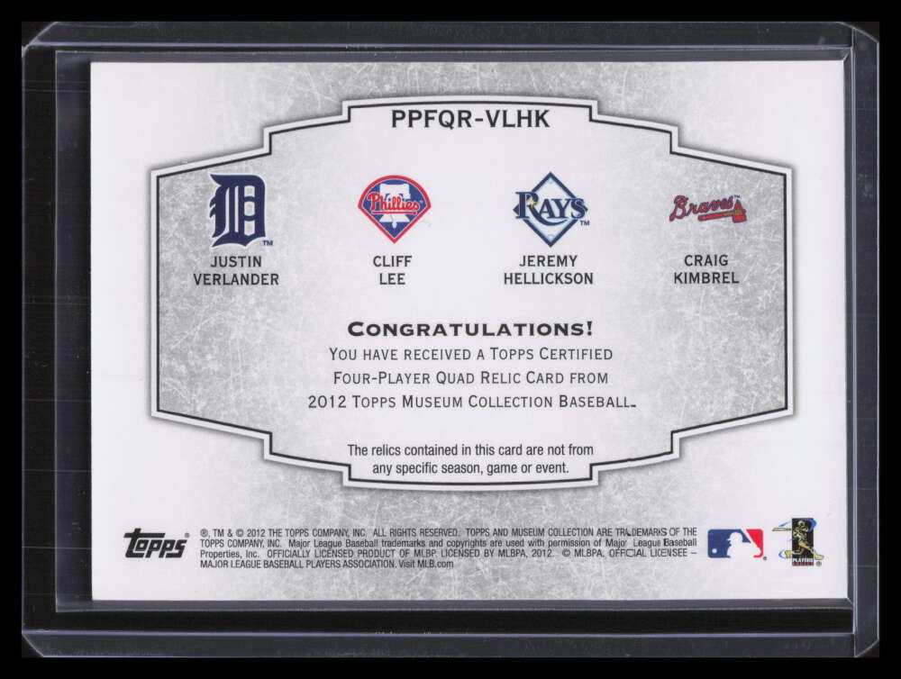 2012 Topps Museum Primary Pieces Cliff Lee Kimbrel Verlander Quad Jersey 55/75