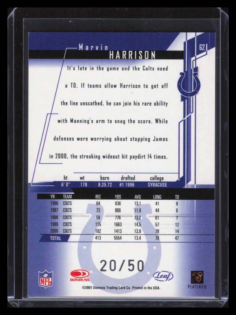 2001 Leaf Rookies &amp; Stars Longevity 62 Marvin Harrison 20/50