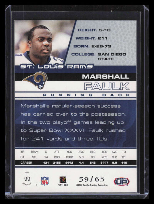 2002 Pacific Heads Up Red 99 Marshall Faulk 59/65