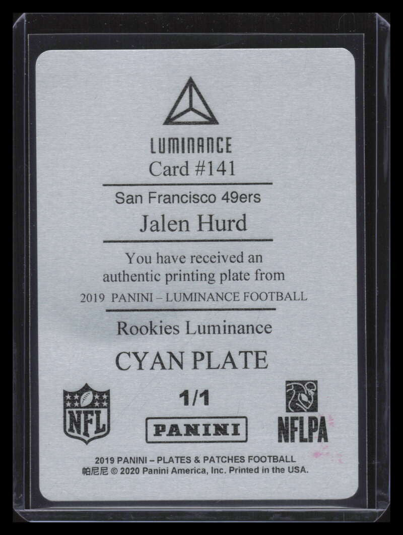 2019 Panini Luminance Plates Patches Printing Plate 141 Jalen Hurd Rookie 1/1