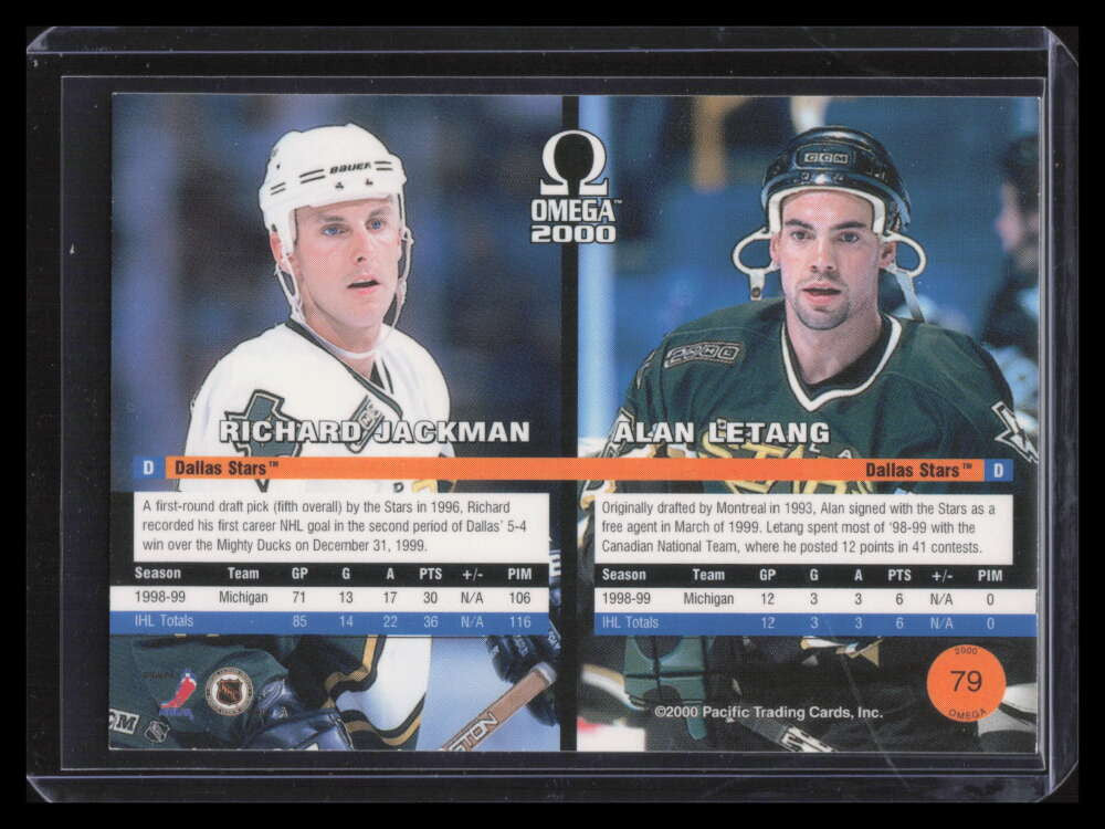 1999-00 Pacific Omega Ice Blue 79 Richard Jackman Alan Letang Rookie 61/75