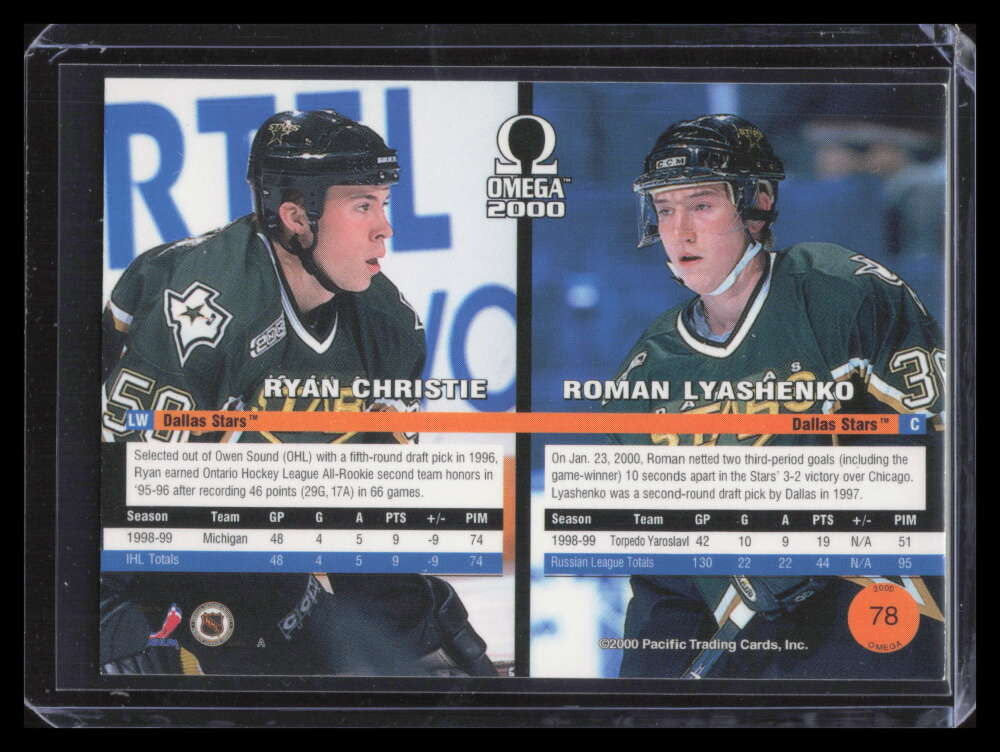1999-00 Pacific Omega Ice Blue 78 Roman Lyashenko Ryan Christie Rookie 47/75