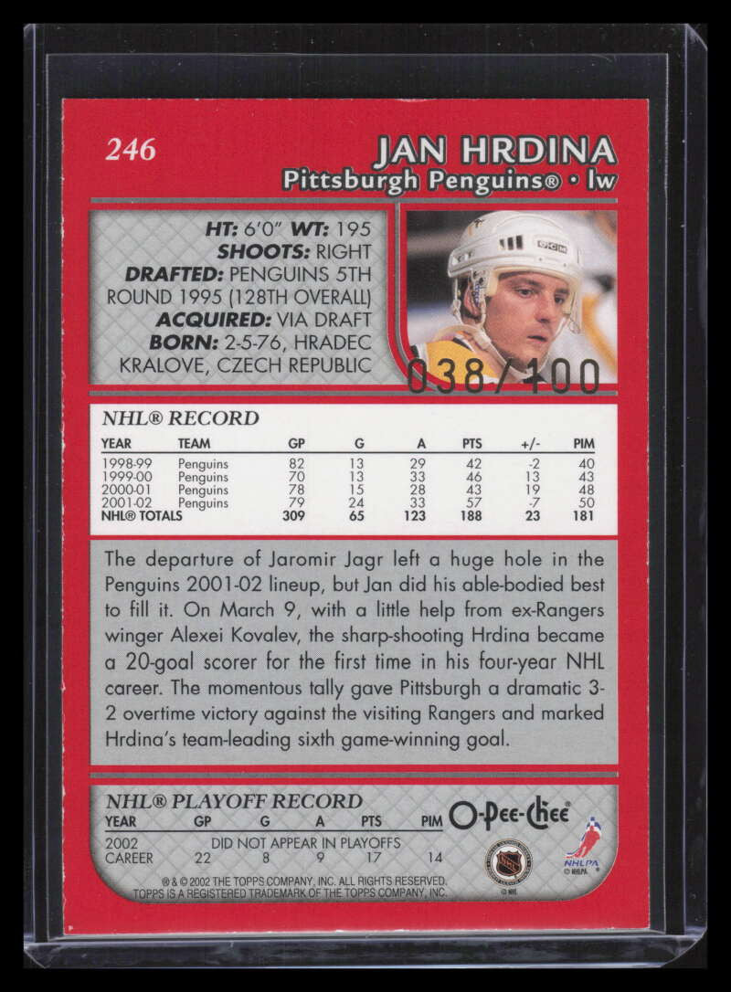 2002-03 Topps O-Pee-Chee Red 246 Jan Hrdina 38/100
