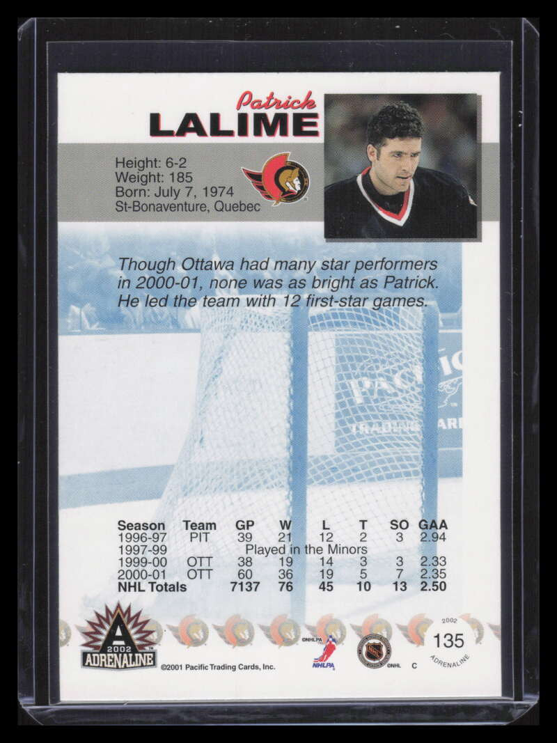 2001-02 Pacific Adrenaline Blue 135 Patrik Lalime 51/62