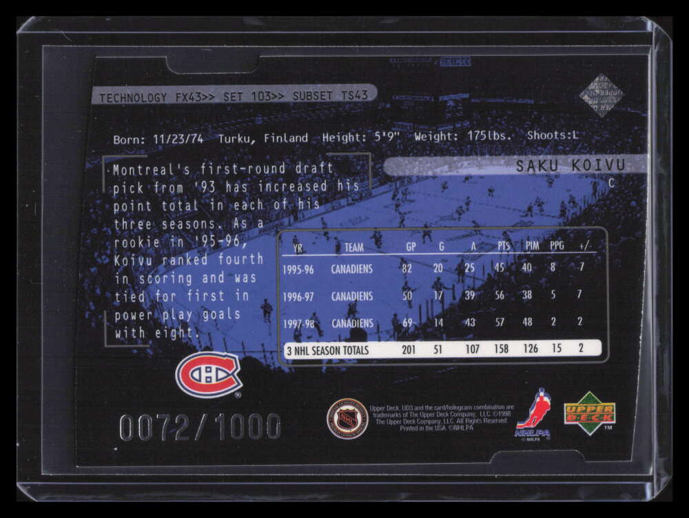 1998-99 UD3 Die-Cuts 103 Saku Koivu TSS 72/1000 Three Star Spotlight